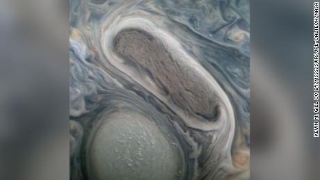 This photo taken by the Juno mission shows two of Jupiter's major rotating storms, captured on Nov. 29.