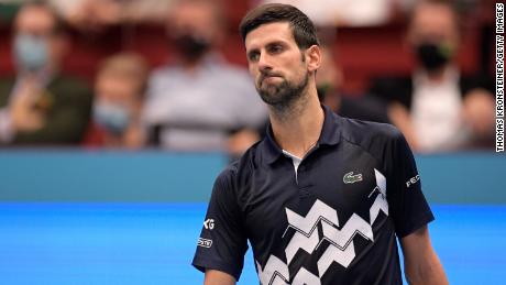 Djokovic reacts during his quarterfinal match against Lorenzo Sonego at the Erste Bank Open on October 30, 2020 in Vienna, Austria.