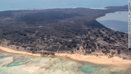An aerial view from a P-3K2 Orion surveillance flight shows heavy ash drop in Nomuka, Tonga, on Jan. 17, 2022. 