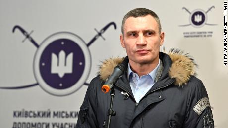 Kiev mayor Vitali Klitschko speaks during a visit to a volunteer recruitment center in Kiev on Feb. 2, 2022.