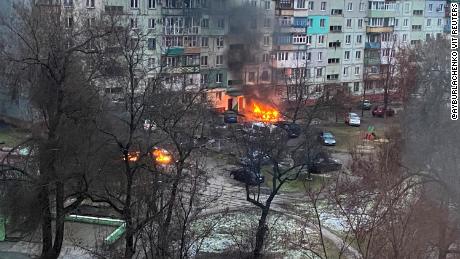 Fire can be seen after an attack on a residential area in Mariupol on March 3, 2022.