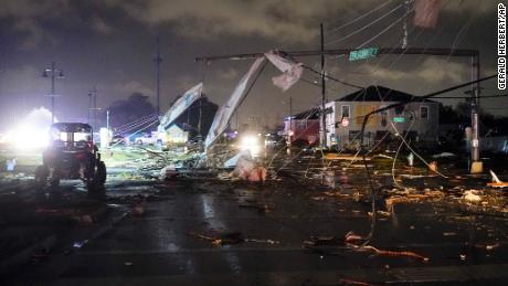 A rubble-lined street is seen in New Orleans' Lower Ninth Ward Tuesday, March 22, 2022, after strong storms swept through the area.