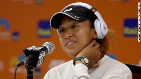 Naomi Osaka answers media questions during a press conference during the Miami Open at Hard Rock Stadium on March 23, 2022 in Miami Gardens, Florida.