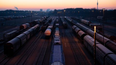 Freight trains line up at the North Marshalling station in Munich, Germany, on Feb. 28. After Russia's attack on Ukraine, Western countries have imposed numerous sanctions and the EU has imposed an export ban on goods, technologies and services for the aerospace industry. 