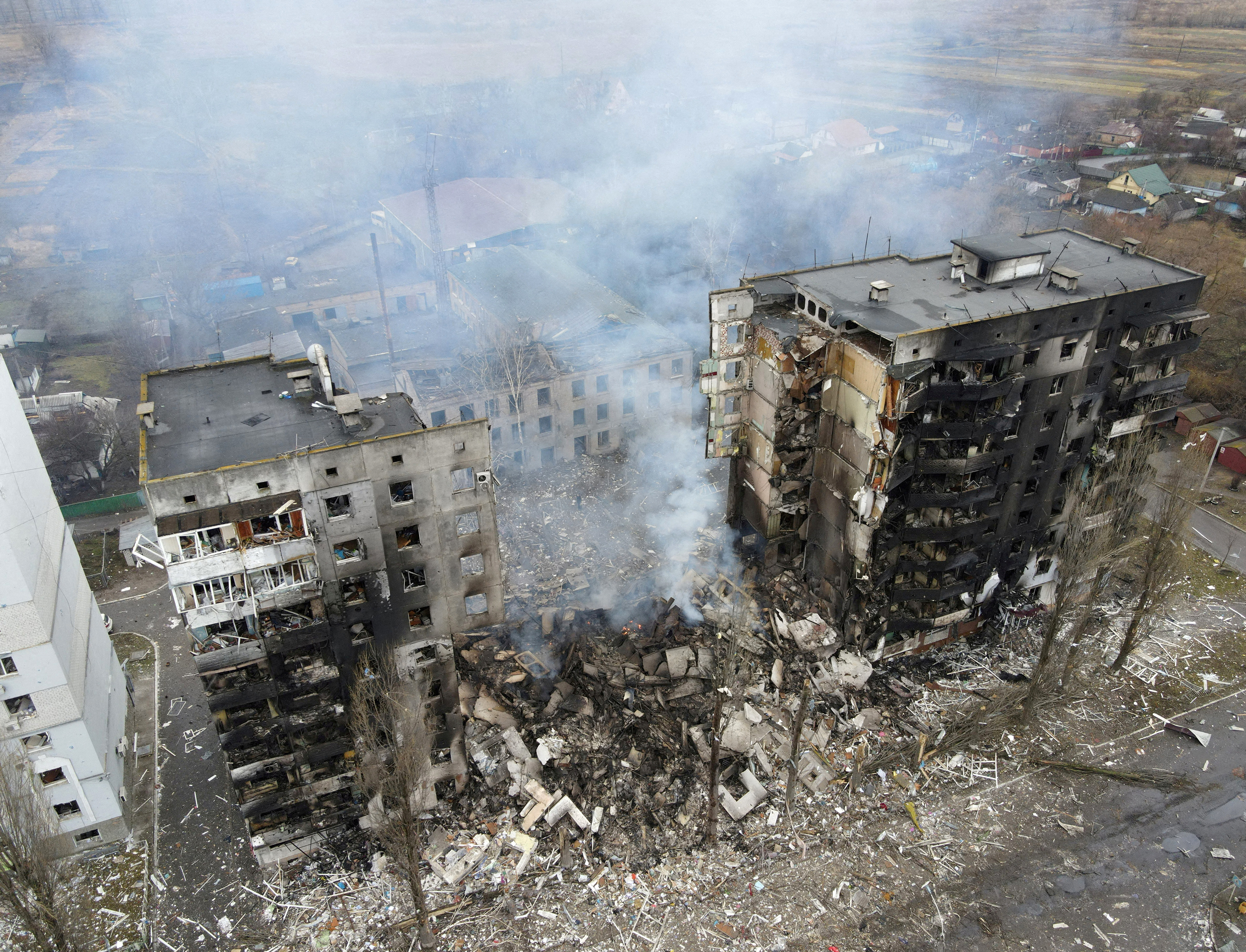 On March 3, a residential building destroyed by shelling can be seen in Borodyanka, Ukraine.