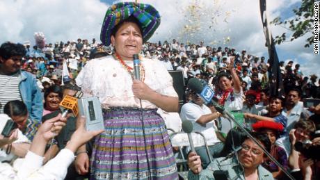 When 33-year-old K'iche' Guatemalan activist Rigoberta Menchú Tum, addresses a crowd at a celebration in Guatemala City, Guatemala. (Photo by AP Photo/str/Dan Hernandez, 1992)