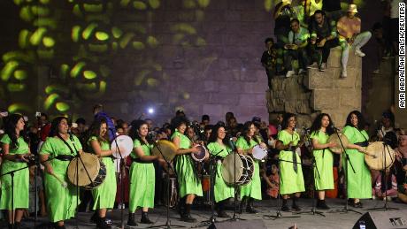 Egyptian women's band Tablet el-Set (Lady's Tambourine) performs May 22 during the 9th International Festival for Drums and Traditional Arts at the North Cairo Wall Theater on Cairo's historic Moez Street.