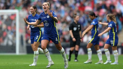 Millie Bright celebrates after Sam Kerr opened the scoring for Chelsea.