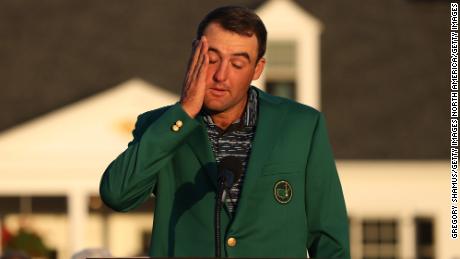 Scheffler speaks at the green jacket ceremony after winning the Masters.