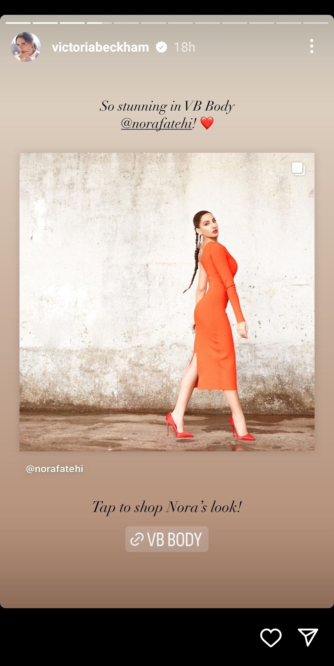 Nora Fatehi's post that Victoria Beckham re-shared on her Instagram account.