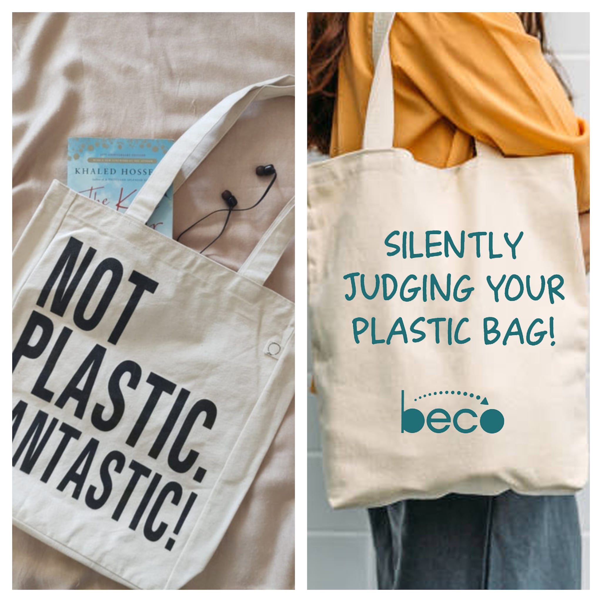 Say what you think to plastic bag users with Meolaa's canvas tote bag (left) and Beco's reusable cloth bag.