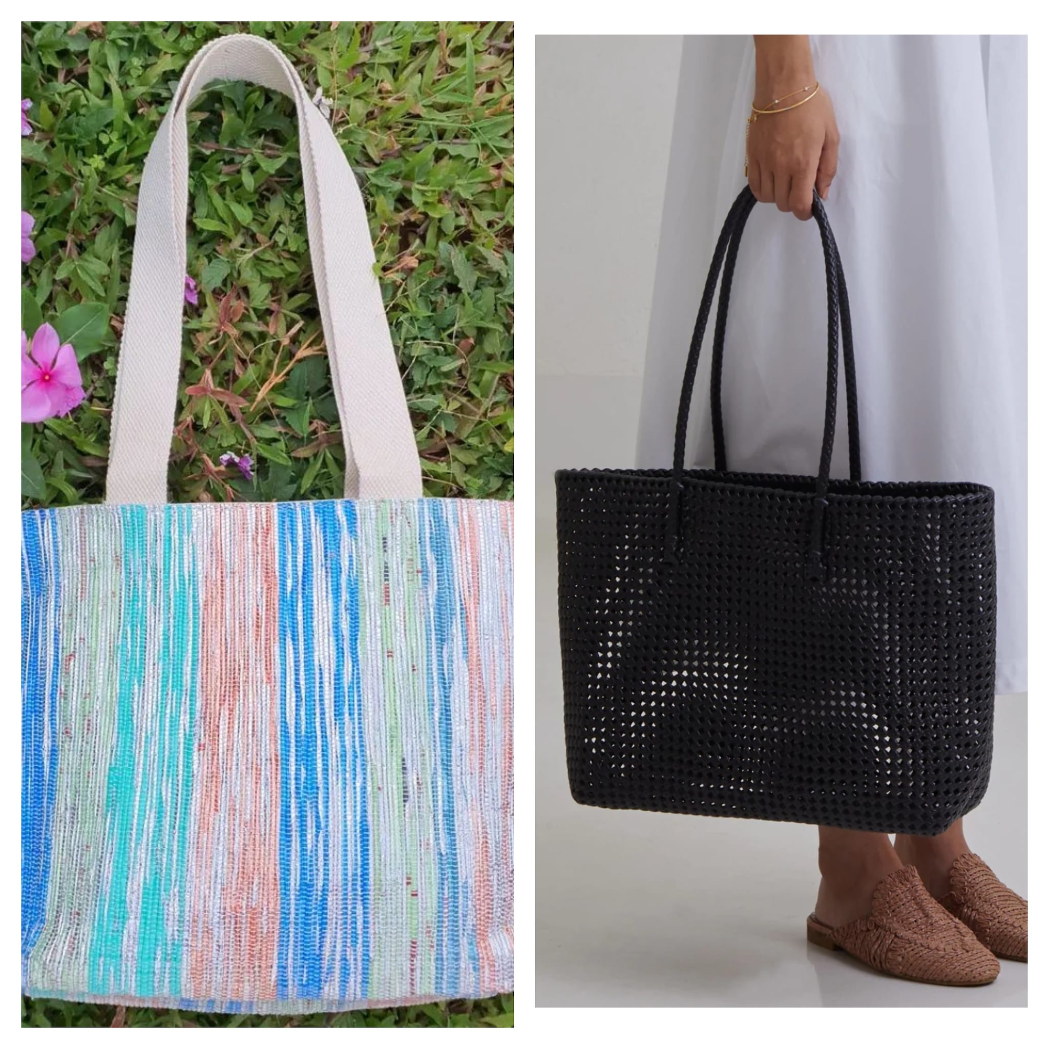 Upcycled plastic handwoven bags made by (left) reCharkha and (right) The Summer House.