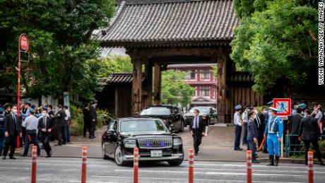 A car carrying Japanese Prime Minister Fumio Kishida leaves Zojoji Temple after the funeral of former Prime Minister Shinzo Abe on July 12.