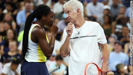 Americans John McEnroe and Coco Gauff joined forces to take on Swiatek and Nadal.