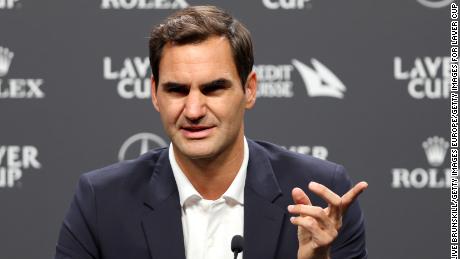 Federer addresses the media in London ahead of the last game of his professional career. 