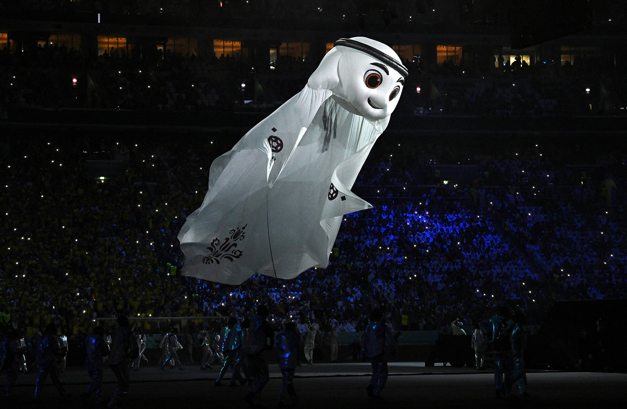 World Cup mascot La'eeb can be seen during the opening ceremony.