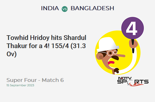 IND vs BAN: Super Four - Match 6: Towhid Hridoy hits Shardul Thakur for a 4! BAN 155/4 (31.3 Ov). CRR: 4.92