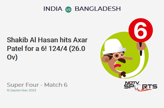 IND vs BAN: Super Four - Match 6: It's a SIX! Shakib Al Hasan punches Axar Patel. BAN 124/4 (26.0 Ov). CRR: 4.77