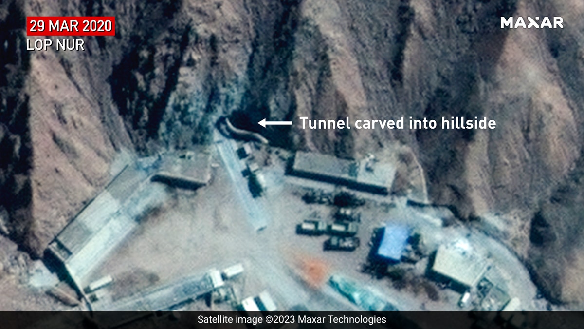 Maxar Imagery shows multiple shafts/tunnels carved into the hills at Lop Nur, the Chinese nuclear test site.